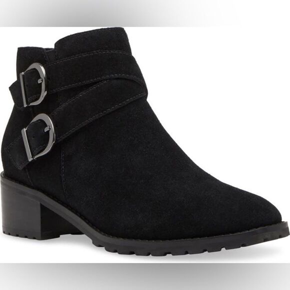 Sway Waterproof Bootie Black Suede Boots with Double Buckles Sz 6
